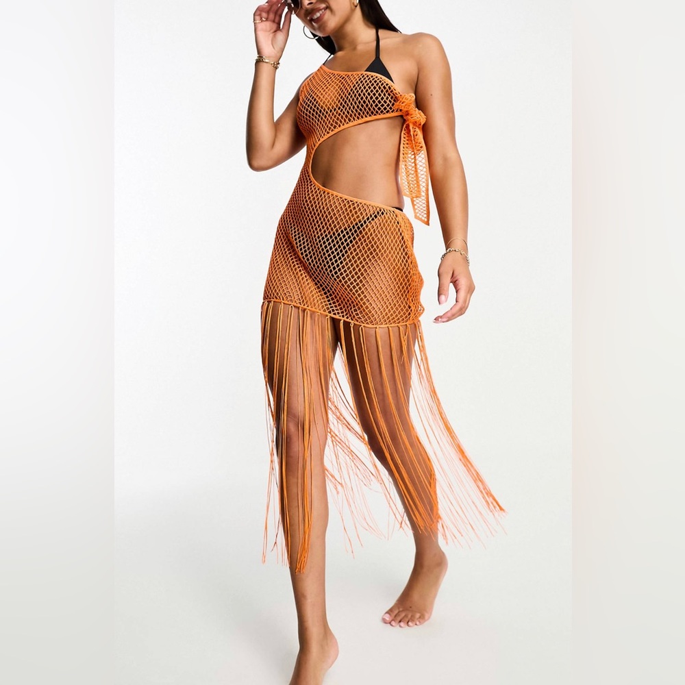 One shoulder midi beach dress with fringe